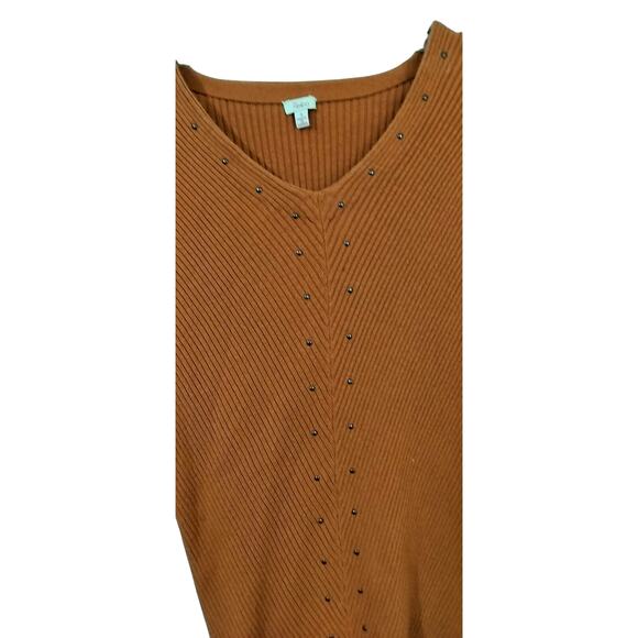 4114) Reba Brown Knit Ribbed 3/4 Sleeve V Neck Studded Sweatshirt Small - Picture 4 of 8